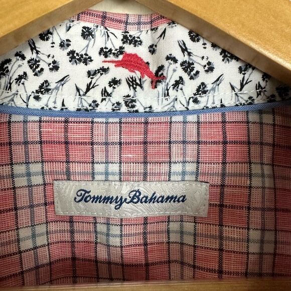 Tommy Bahama Linen Sorona Pink Plaid Button Up Shirt Men’s L EUC - Picture 4 of 11